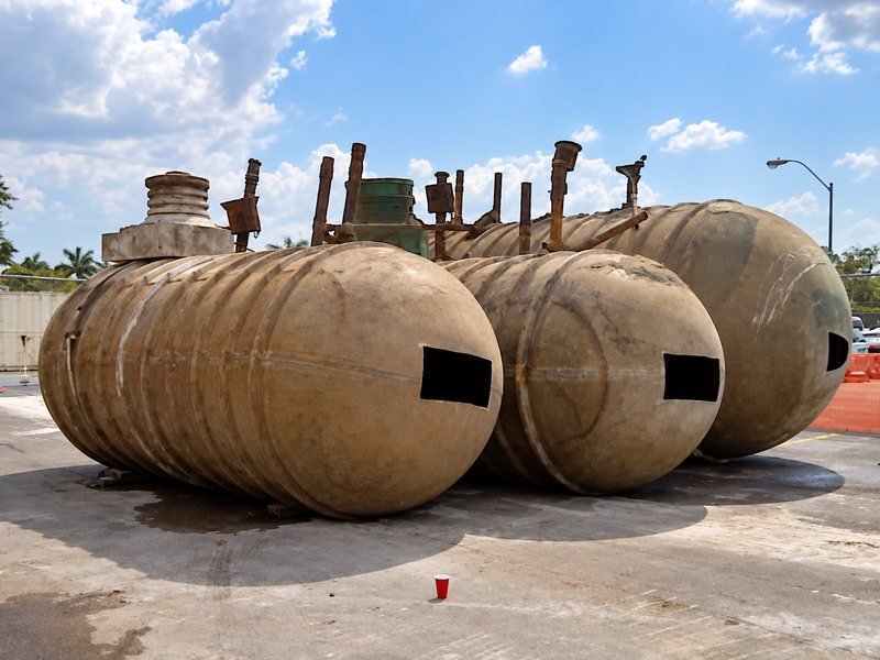 Three rusted underground tanks on the ground